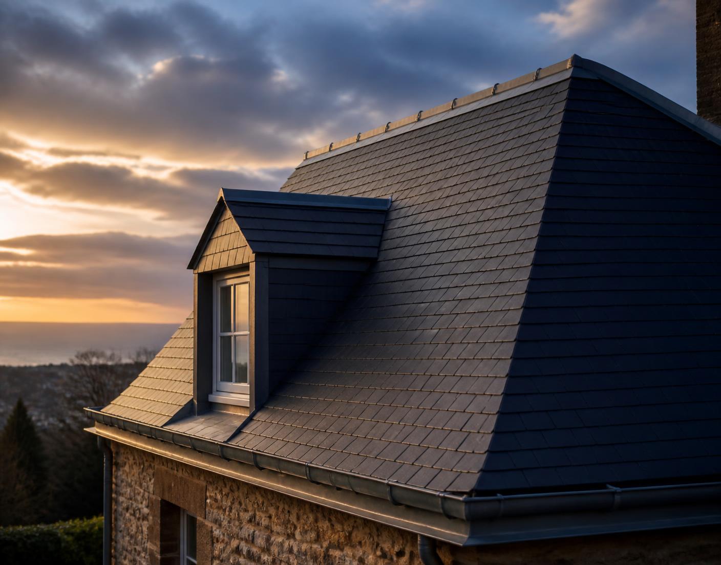 Toiture en ardoise rénovée sur une maison normande au coucher du soleil